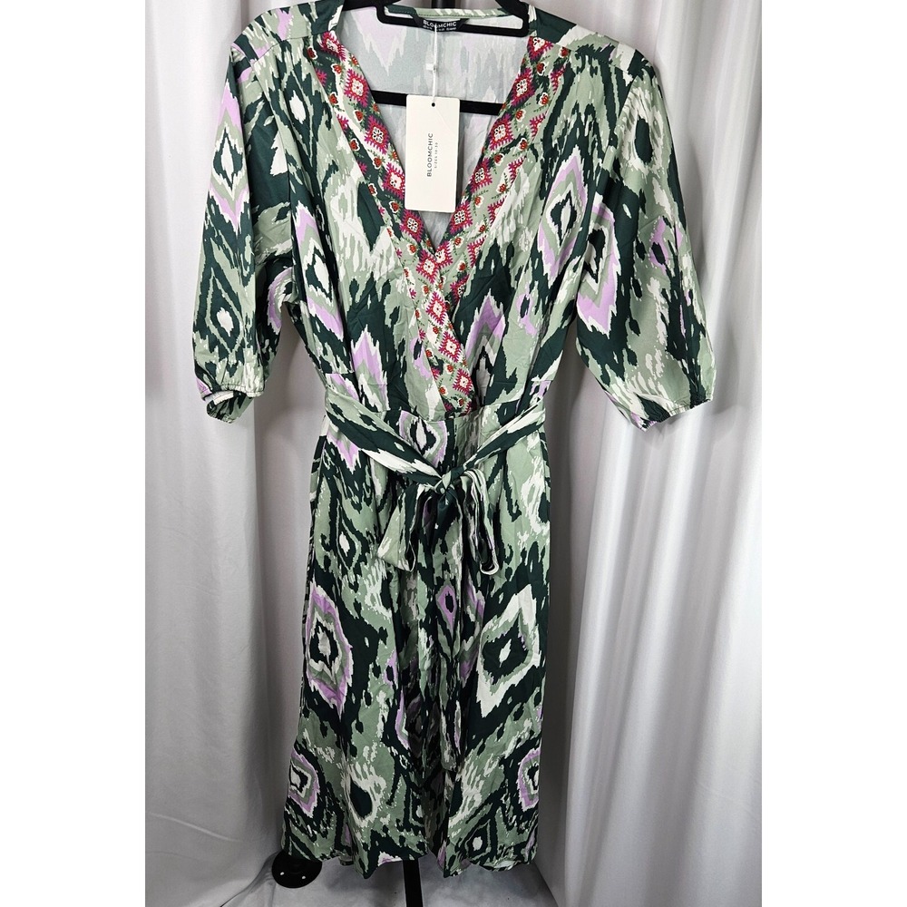 BLOOMCHIC abstract print 3/4 sleeve faux wrap dress tie waist size 14/16 boho‎